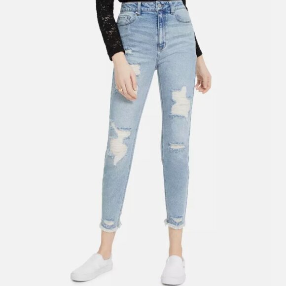 Tinseltown Distressed Mom Jeans Juniors 5 Light Wash Frayed Hem High Rise - Picture 1 of 8